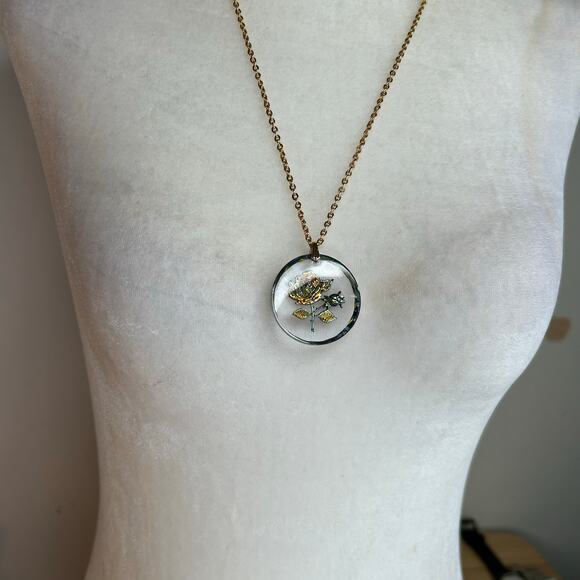 Vintage Germany Glass Reverse Carved Iridescent Rose Round Pendant Necklace - Picture 7 of 10